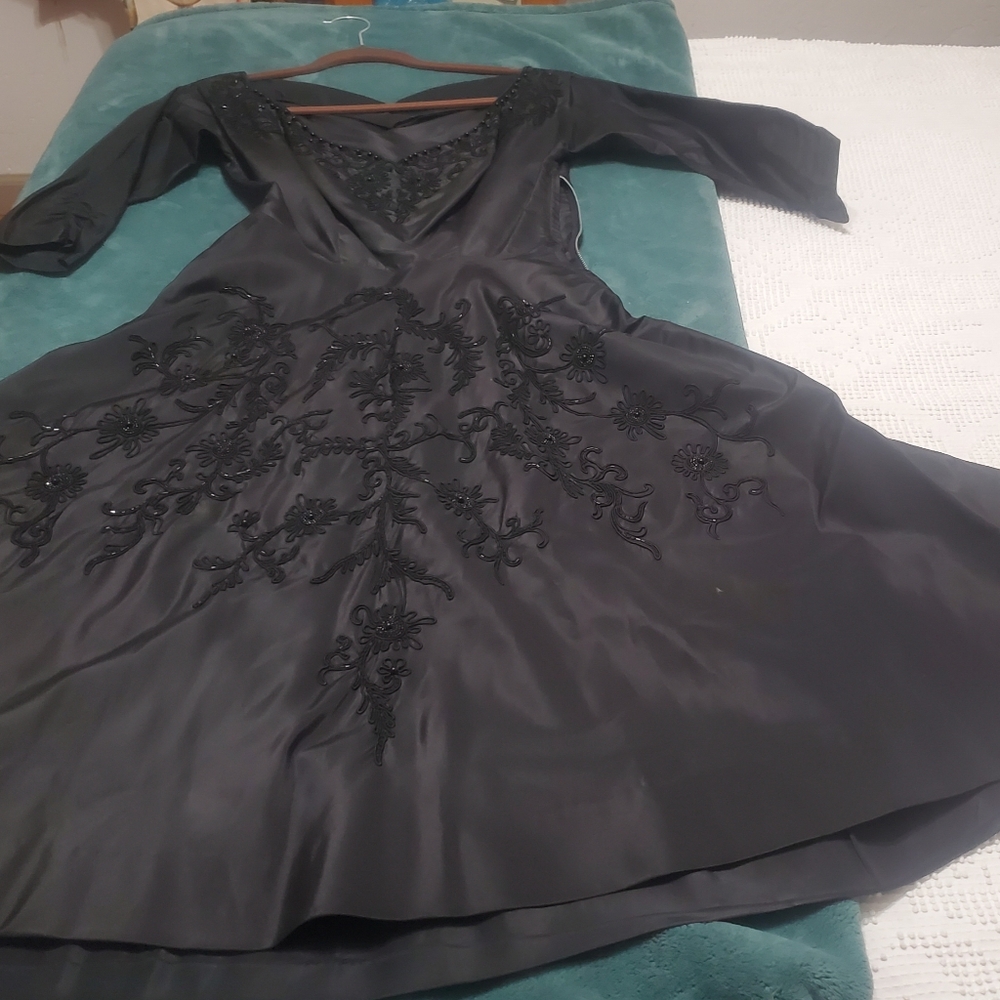 Vintage Chic Black Satin Beaded, Elbow Sleeve, Off Shoulders ELEGANT Dress